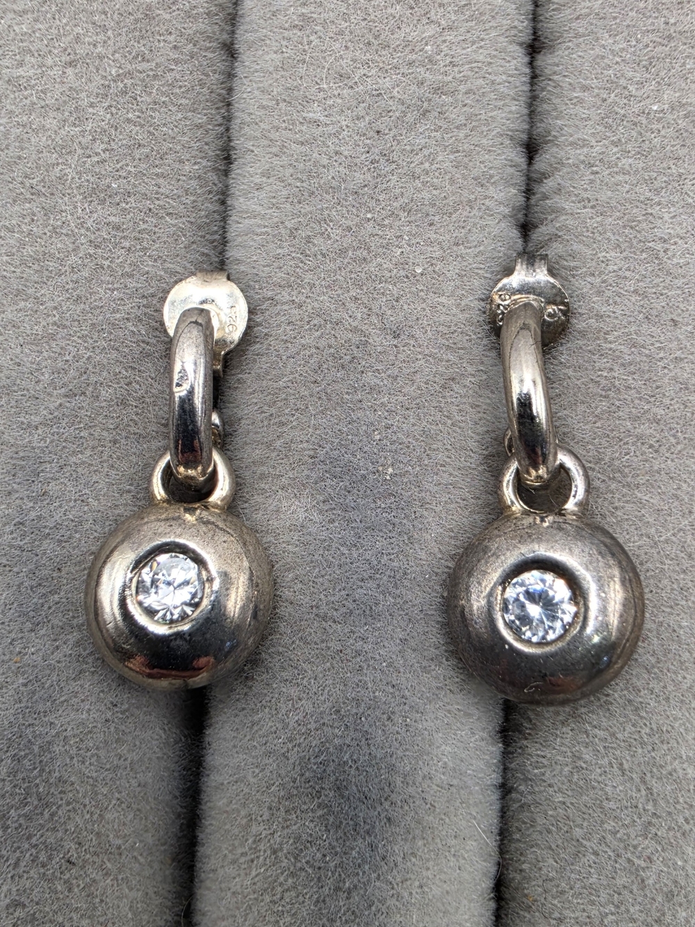 Silver Drop Earrings with Clear CZ Accent - Silver